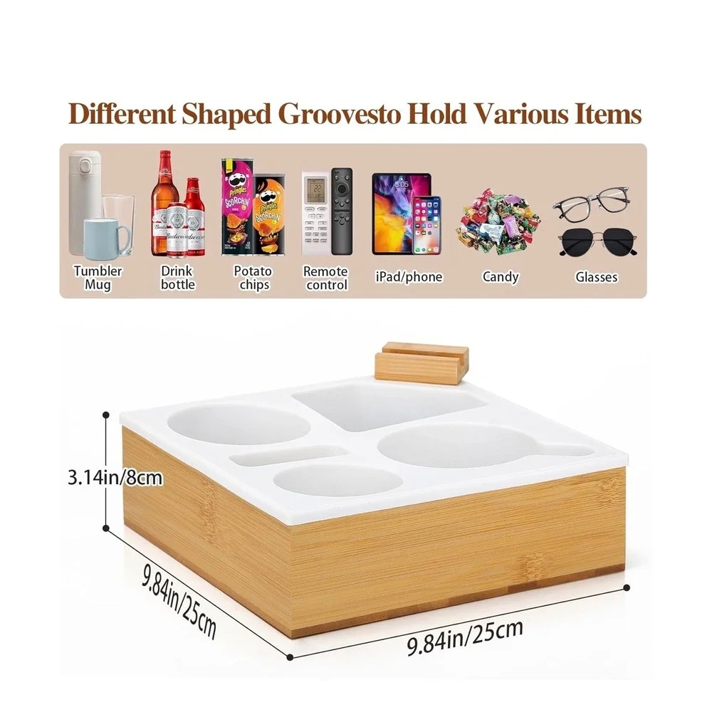 White Bamboo Couch Caddy Tray Rotatable Holder Snack‎ Drink Remote Organizer